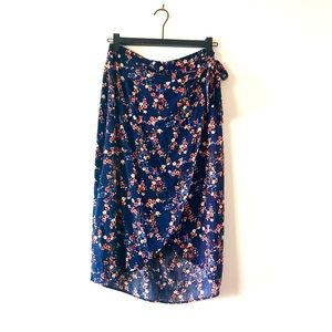 Xhilaration Midi length Wrap Skirt Navy Blue with Pink Floral Print Size Large